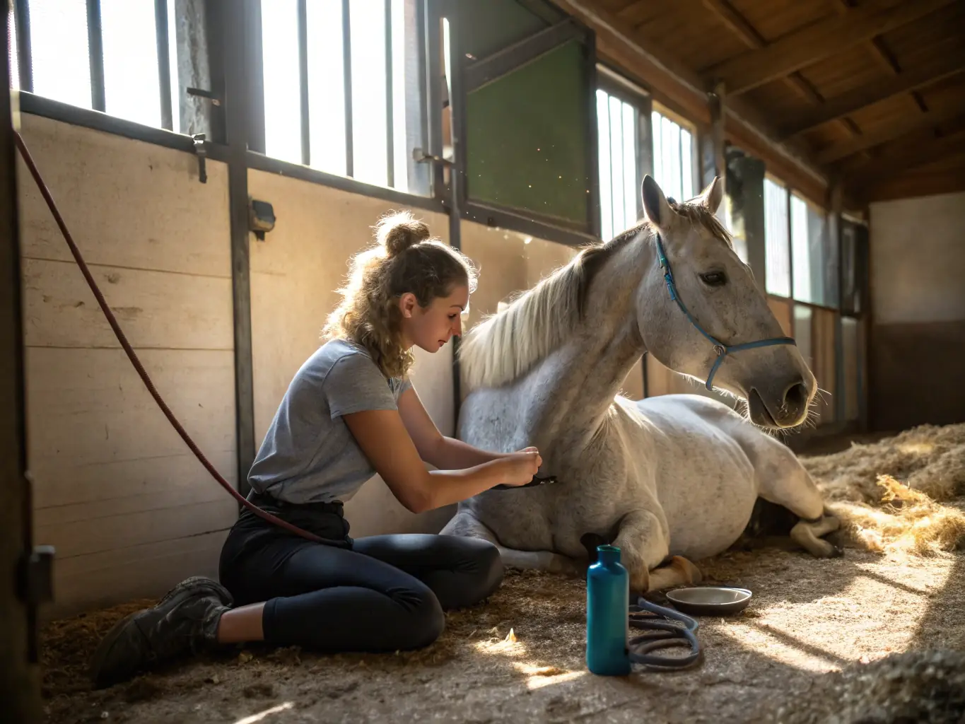 A group of volunteers assisting with horse care at ADEMAS LES AMIS DES ECURIES DU MAS, highlighting the community involvement and support that sustains the organization's activities.