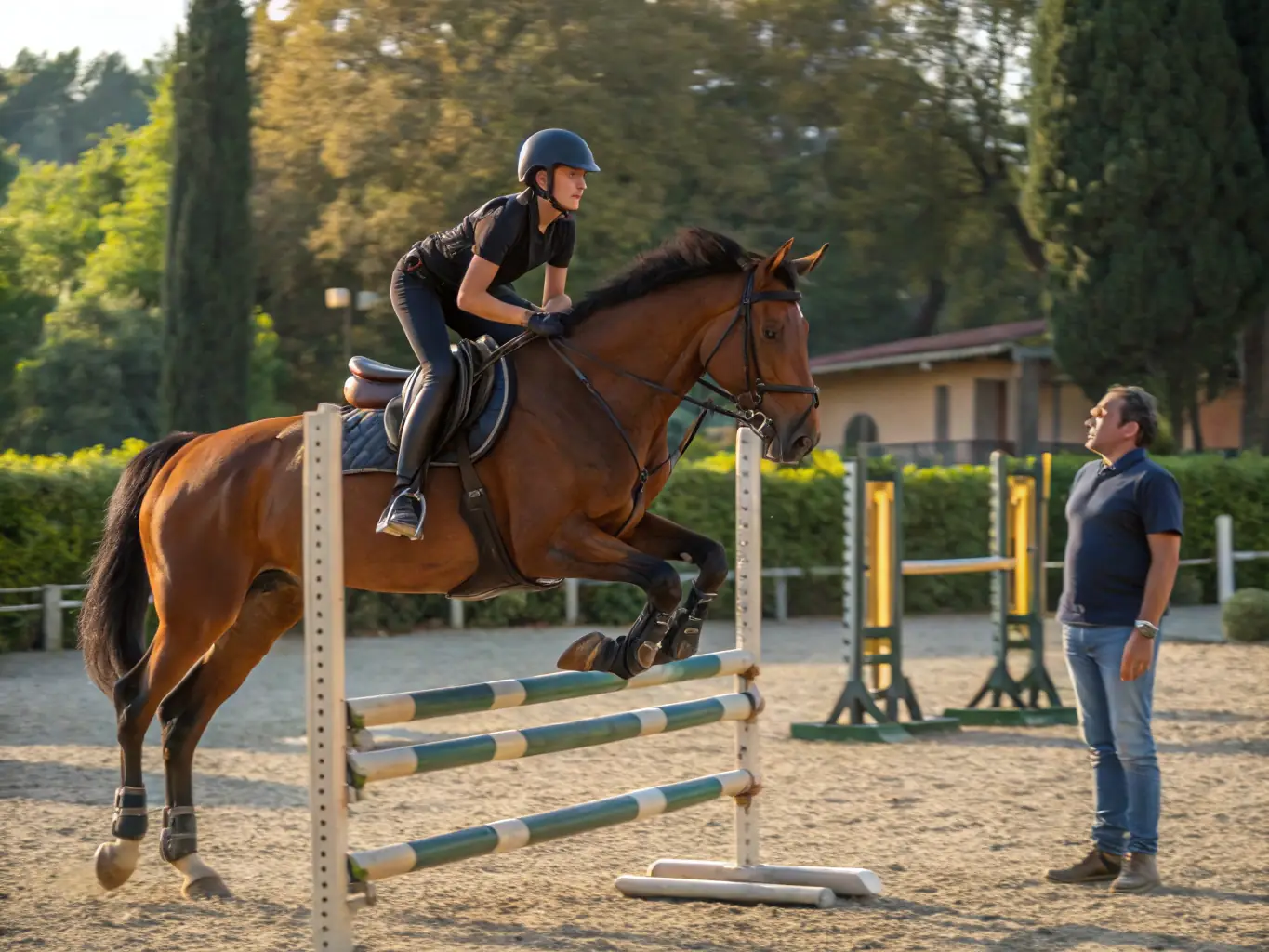 An instructor guiding a rider through a jumping exercise in a well-maintained arena, demonstrating the personalized coaching and skill development offered in ADEMAS LES AMIS DES ECURIES DU MAS's training stages.