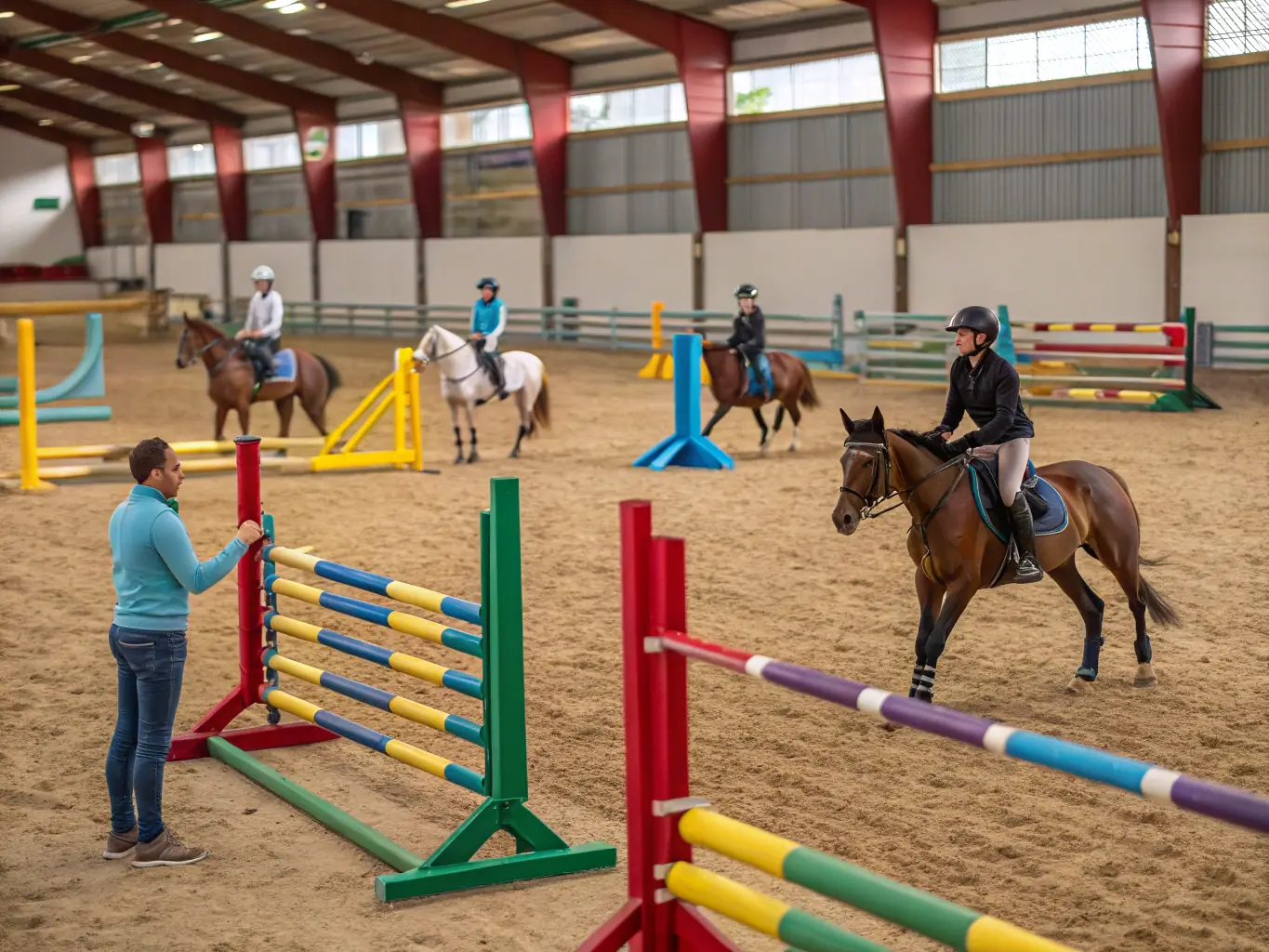 A dynamic image of riders competing in a show jumping event, with spectators cheering in the background, capturing the excitement and competitive spirit of ADEMAS LES AMIS DES ECURIES DU MAS's equestrian competitions.