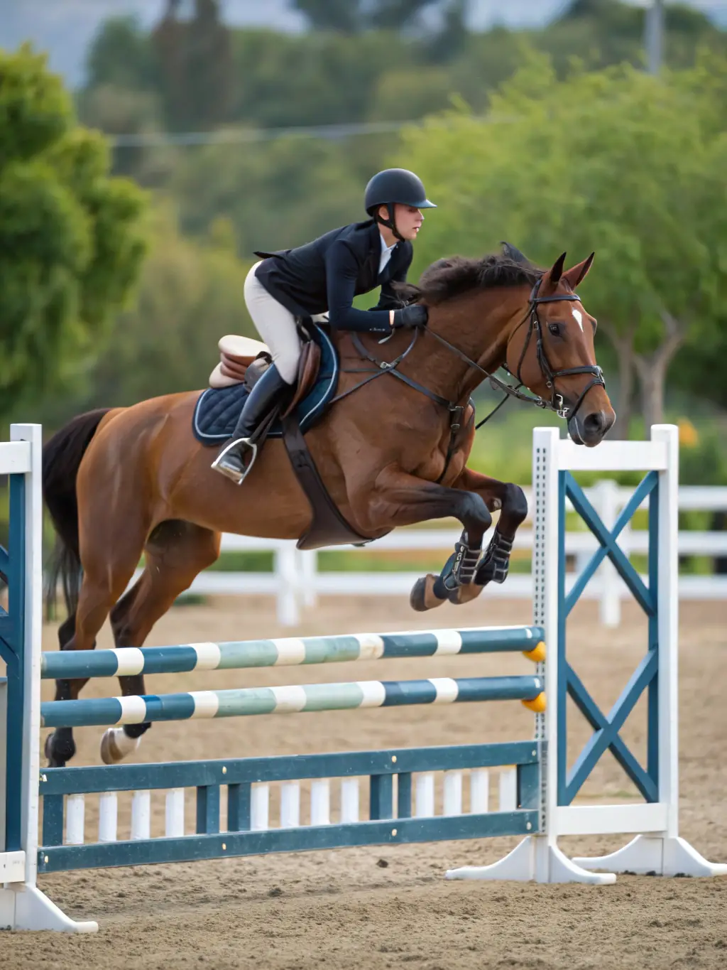 A young rider confidently guiding a horse through a jump during an equestrian competition at ADEMAS LES AMIS DES ECURIES DU MAS, showcasing skill and precision.