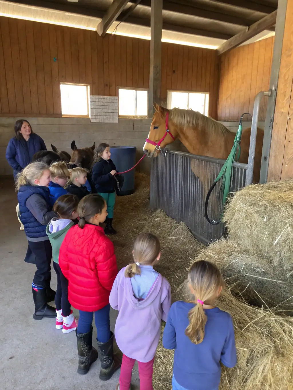 A diverse group of people engaging in various horse-related activities, such as grooming, riding, and caring for the animals.