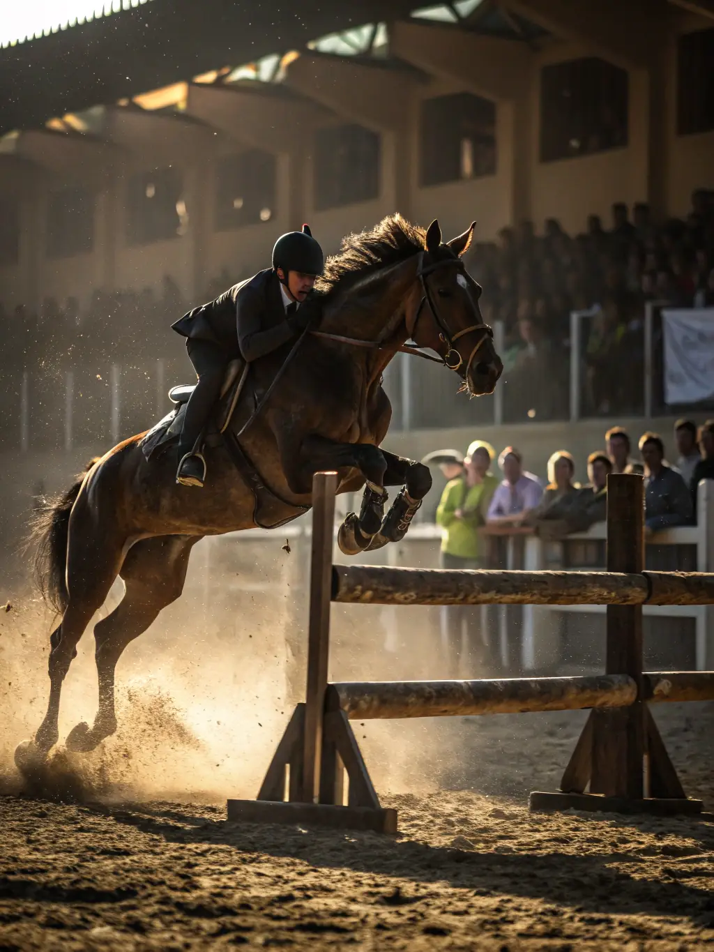 A close-up shot of a horse jumping gracefully over an obstacle during an equestrian competition, showcasing the skill and precision involved.