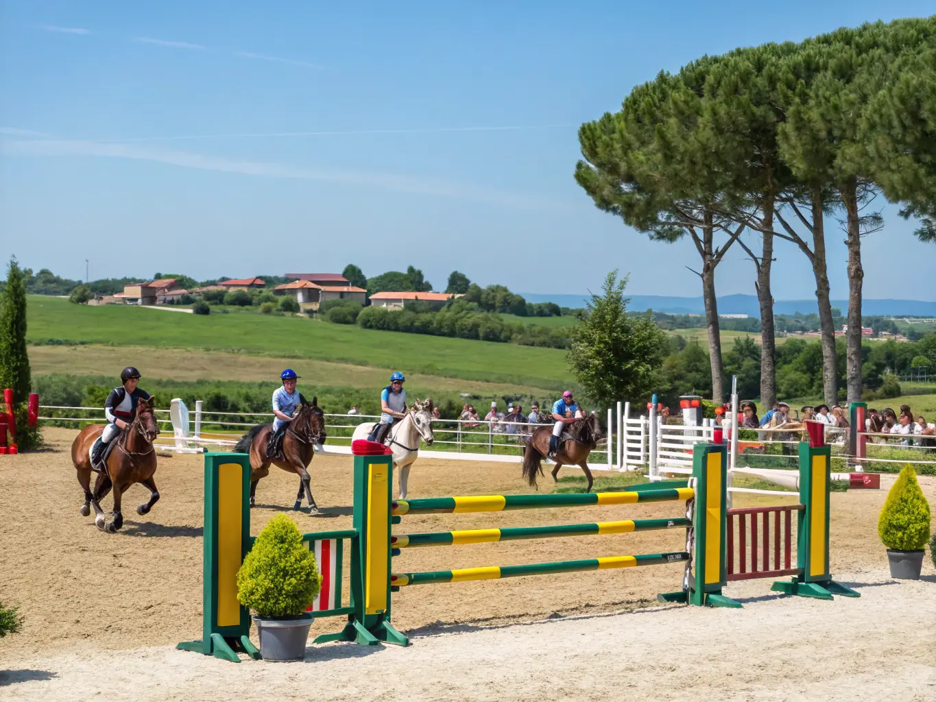 A group of riders participating in an official equestrian competition organized by ADEMAS LES AMIS DES ECURIES DU MAS, showcasing their skills and sportsmanship in a competitive yet friendly environment.