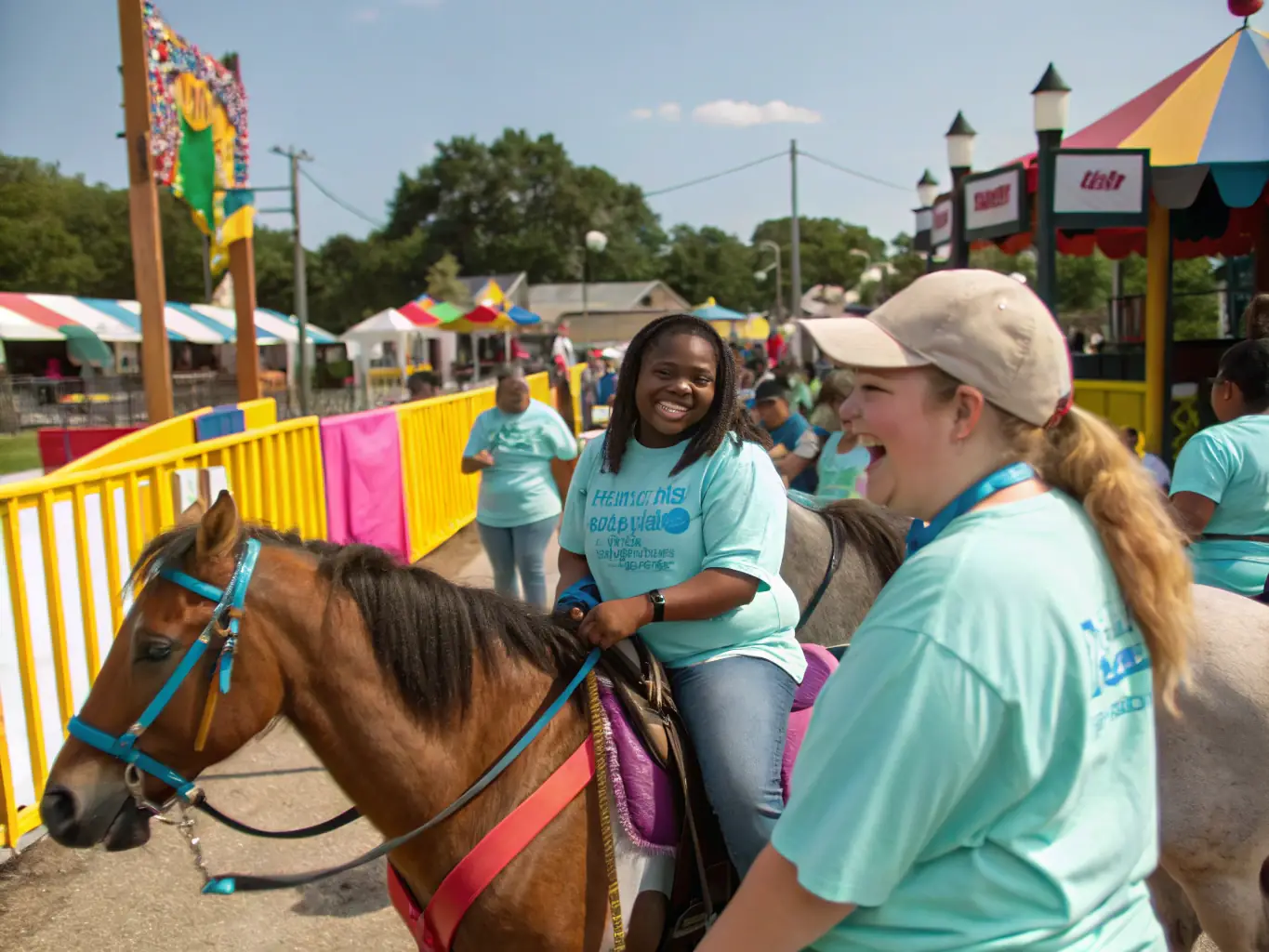 Volunteers and participants engaging in a community outreach program organized by ADEMAS LES AMIS DES ECURIES DU MAS, promoting equestrian culture and providing inclusive opportunities for learning and personal development.